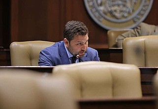 Sen. Jonathan Dismang, R-Beebe, speaks during a meeting of the Joint Performance Review Committee at the Arkansas state Capitol on Tuesday, April 23, 2024. The committee voted in favor of adopting and submitting a finding that the Arkansas Board of Corrections violated the state Freedom of Information Act and lacked the ability to hire outside legal council in regards to lawsuits against the governor and a former Department of Corrections secretary. (Arkansas Democrat-Gazette/Colin Murphey)
